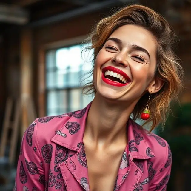 A vibrant fashion portrait of a model laughing, shot in the Daylight Loft.
