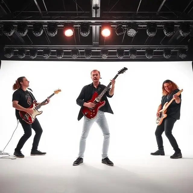 A dynamic group shot of a band against the seamless white background of the Cyc Infinity.