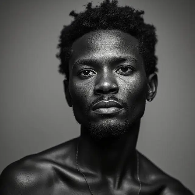 An artistic, high-contrast black and white portrait.