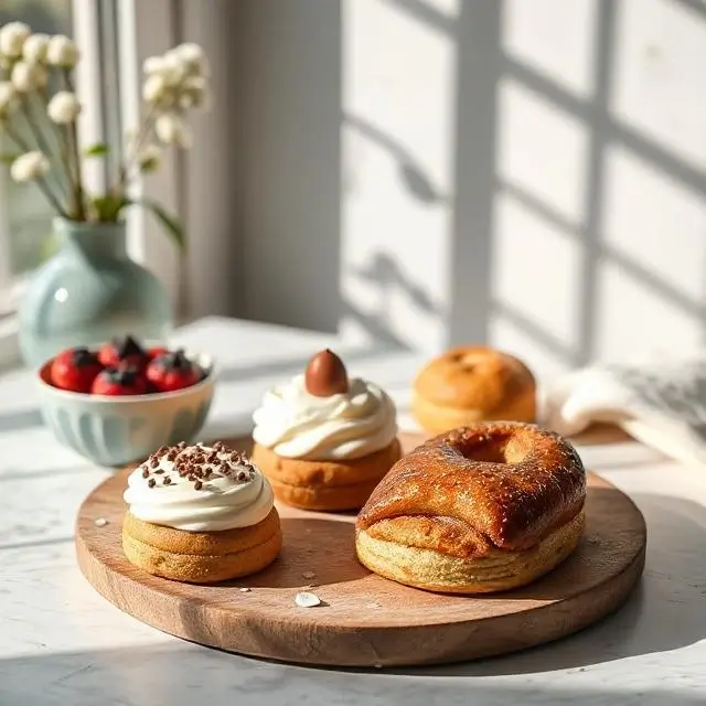 A food photography setup with delicious pastries in natural light.