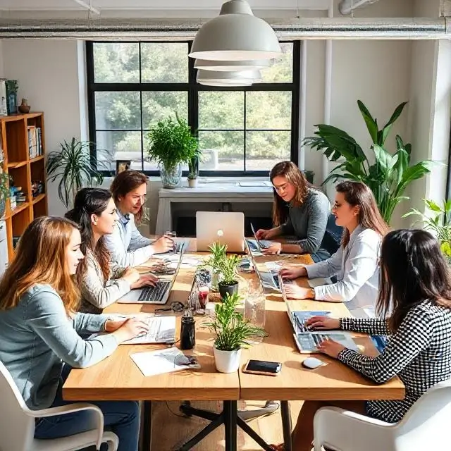 A diverse group of creative professionals collaborating in a bright, modern workspace.
