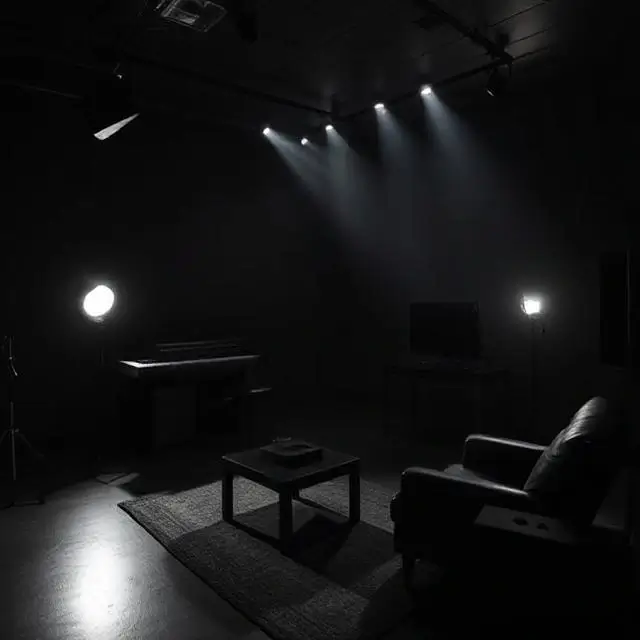 The Blackout Chamber Studio, a dark room with controlled lighting.