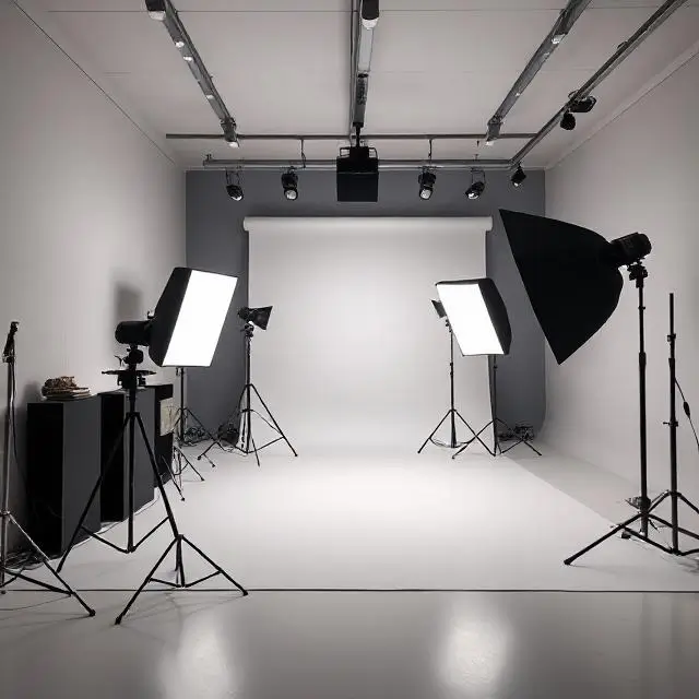 A modern, minimalist photo studio interior with professional lighting setup.